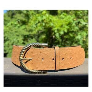 Vintage  L. Cheesler Leather Belt WIDE Gold Hardware Small/Med USA Camel Tan